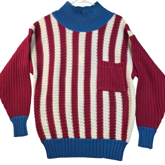 Striped Knit Fisherman Sweater Small Red White Blue Vintage Deadstock 80s USA - Picture 1 of 7